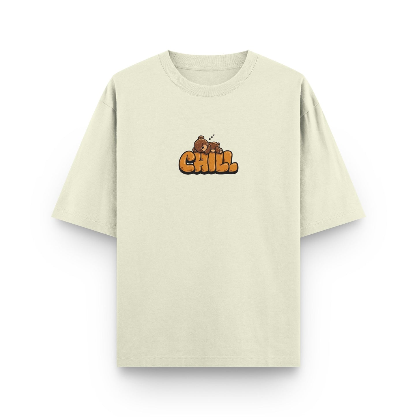 Oversized beige streetwear t-shirt with "Chill" graphic print on front by BLAACK