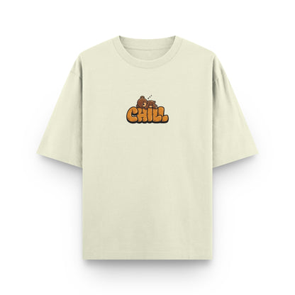 Oversized beige streetwear t-shirt with "Chill" graphic print on front by BLAACK