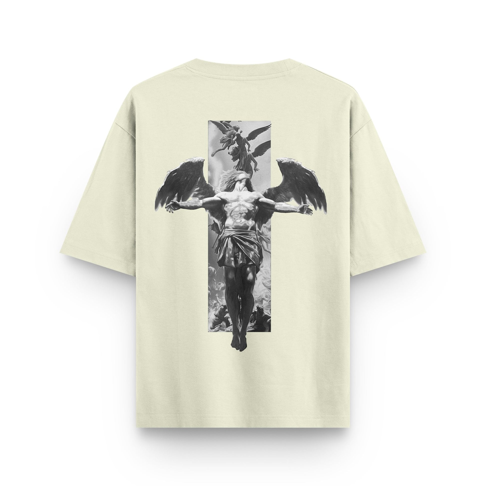 Oversized beige streetwear t-shirt with sculpture artwork on back by BLAACK