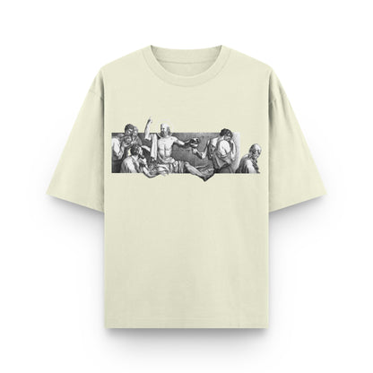 Oversized beige streetwear t-shirt with sculpture artwork on front by BLAACK