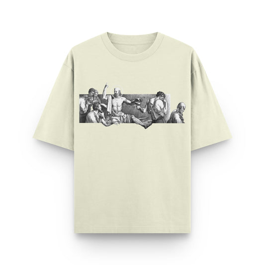 Oversized beige streetwear t-shirt with sculpture artwork on front by BLAACK