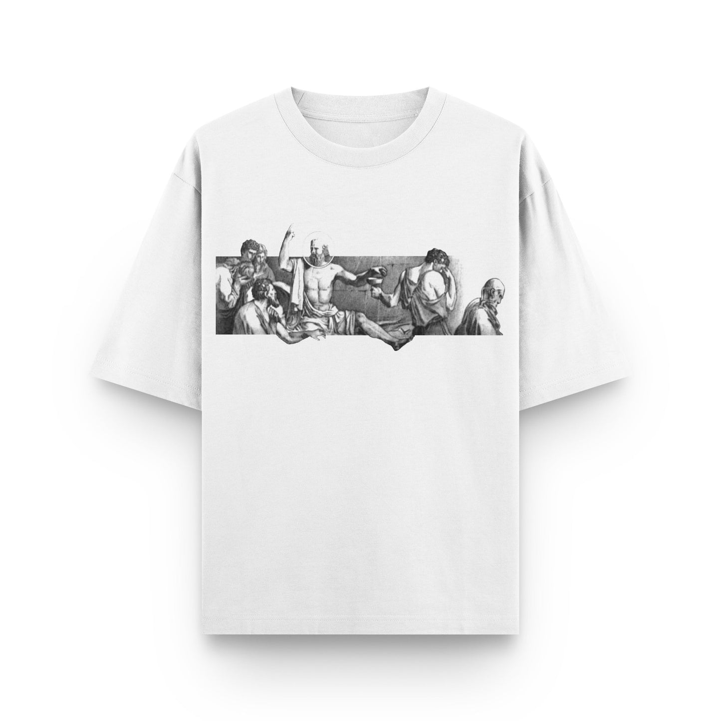 Oversized white streetwear t-shirt with sculpture artwork on front by BLAACK