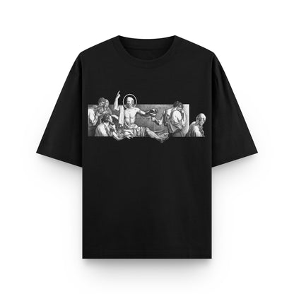 Fall of Faith – Oversized Double - Oversized black streetwear t-shirt with sculpture artwork on front by BLAACK