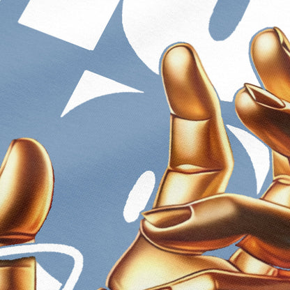 Close-up view of golden hand on urban melange oversized t-shirt by BLAACK