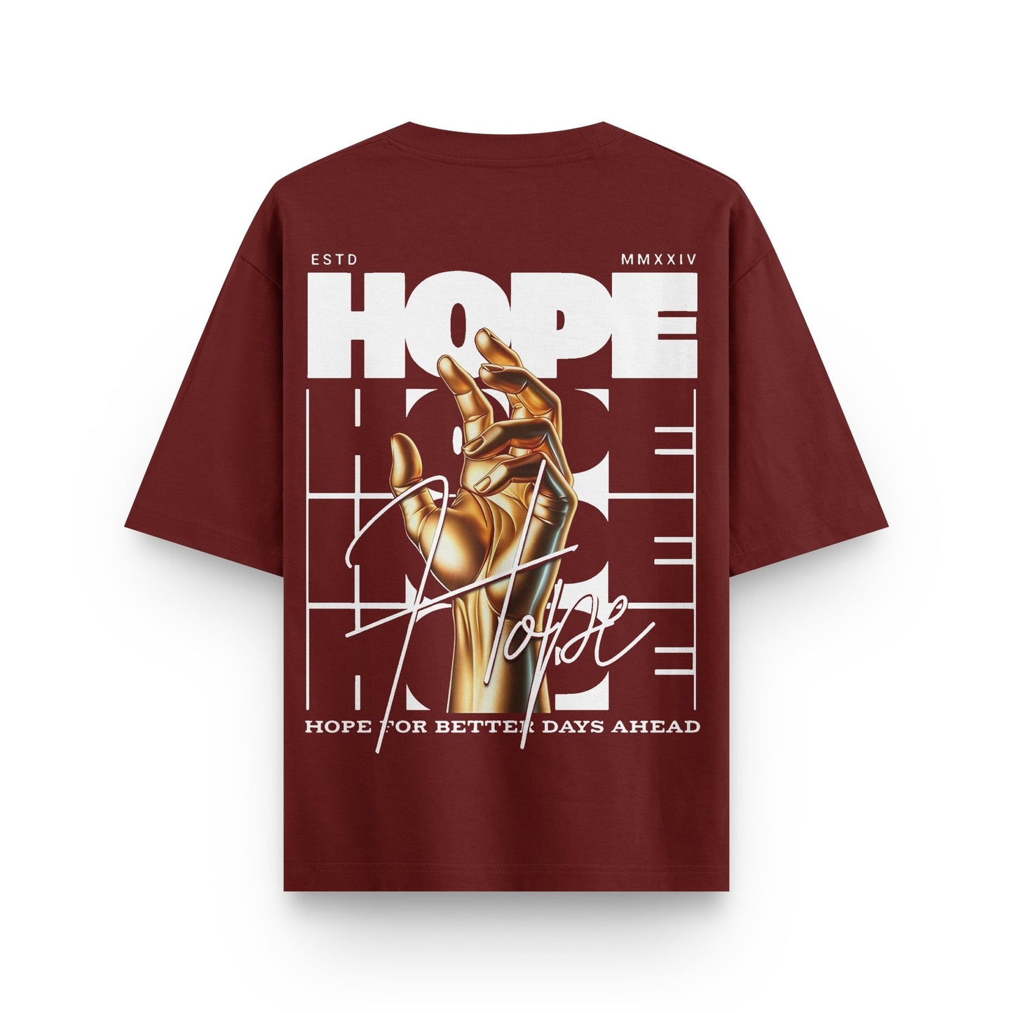 Oversized wine streetwear t-shirt with golden hand graphic and "Hope" text design on back by BLAACK