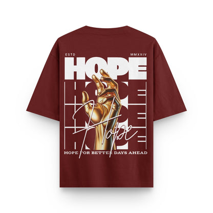 Oversized wine streetwear t-shirt with golden hand graphic and "Hope" text design on back by BLAACK