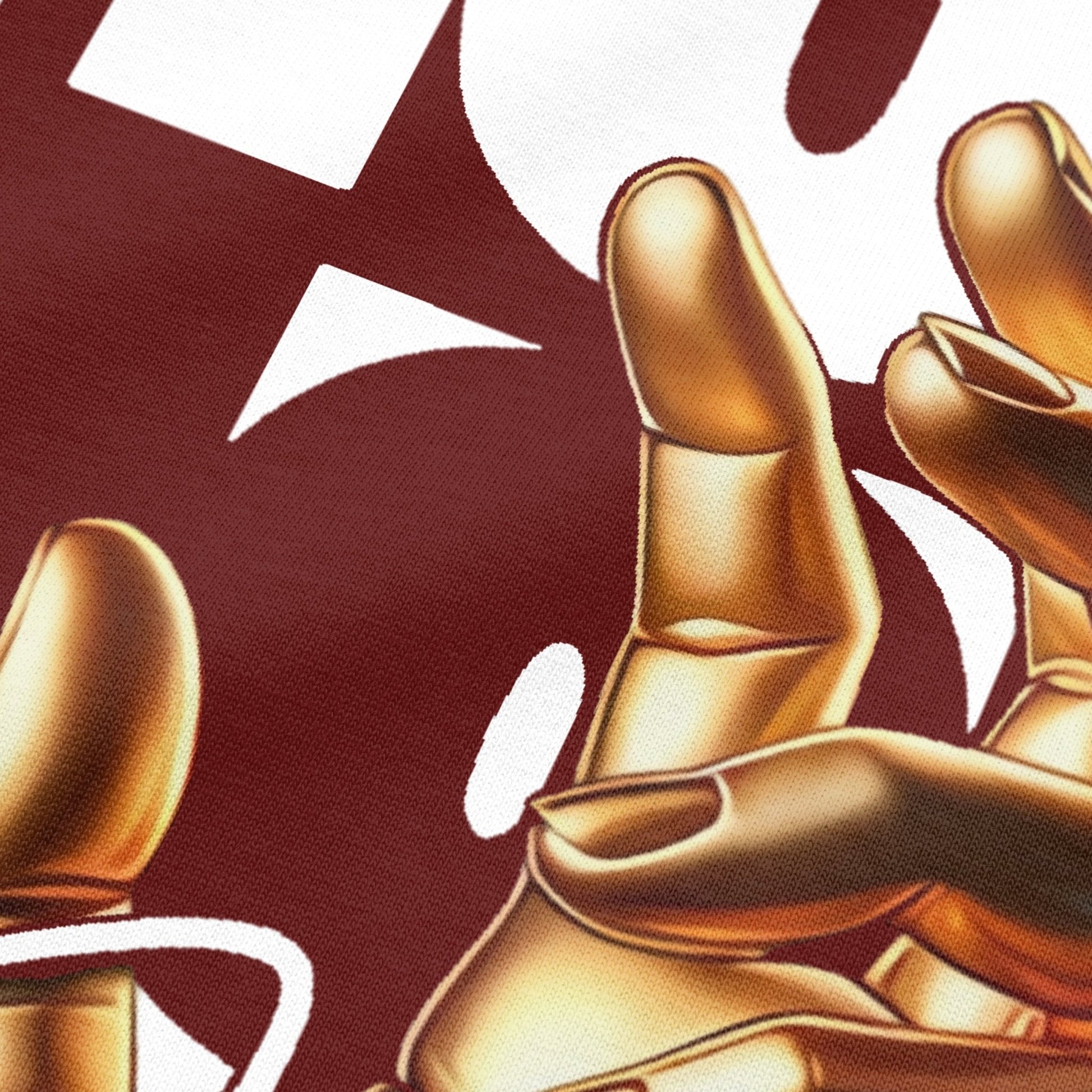 Close-up view of golden hand on wine oversized t-shirt by BLAACK