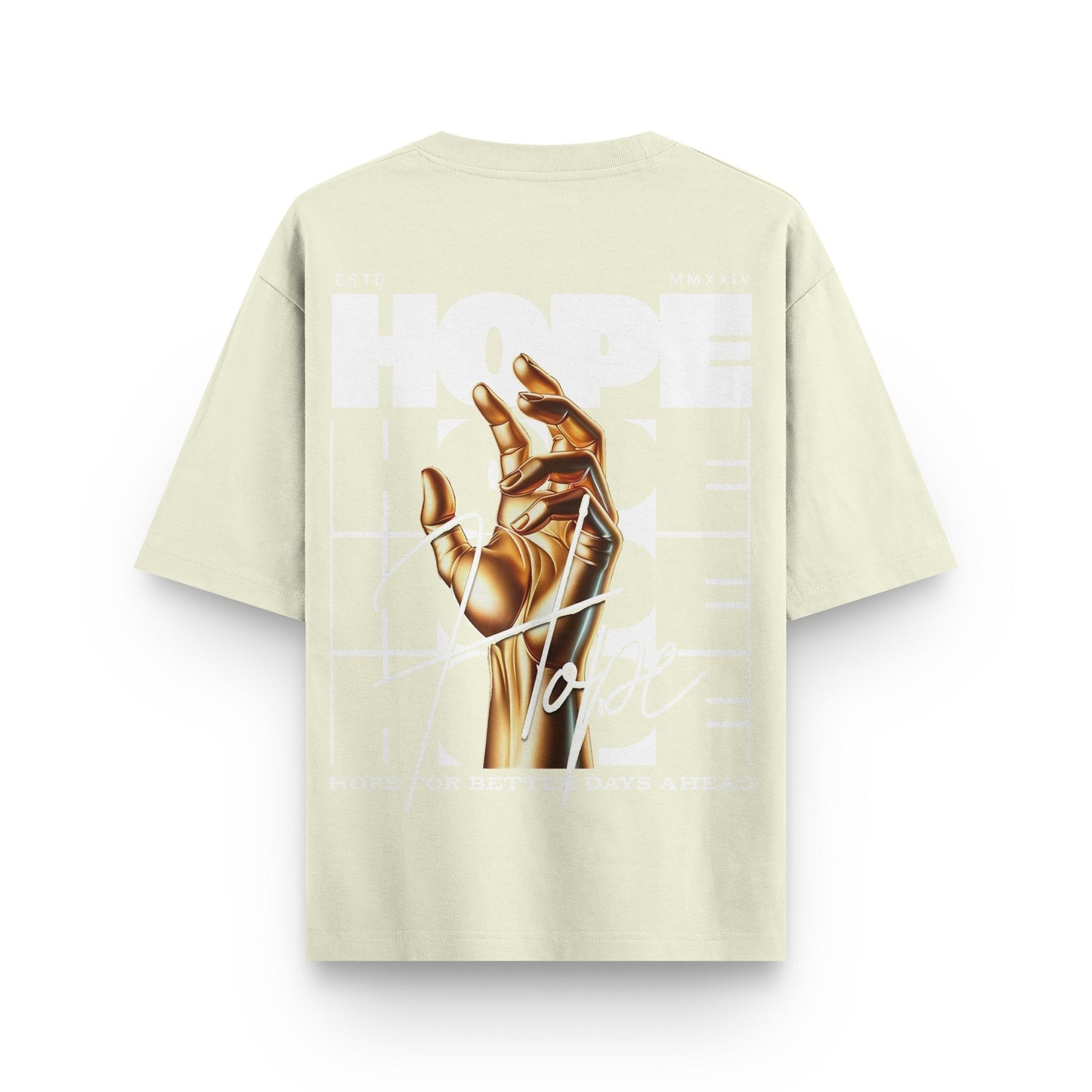 Oversized beige streetwear t-shirt with golden hand graphic and "Hope" text design on back by BLAACK