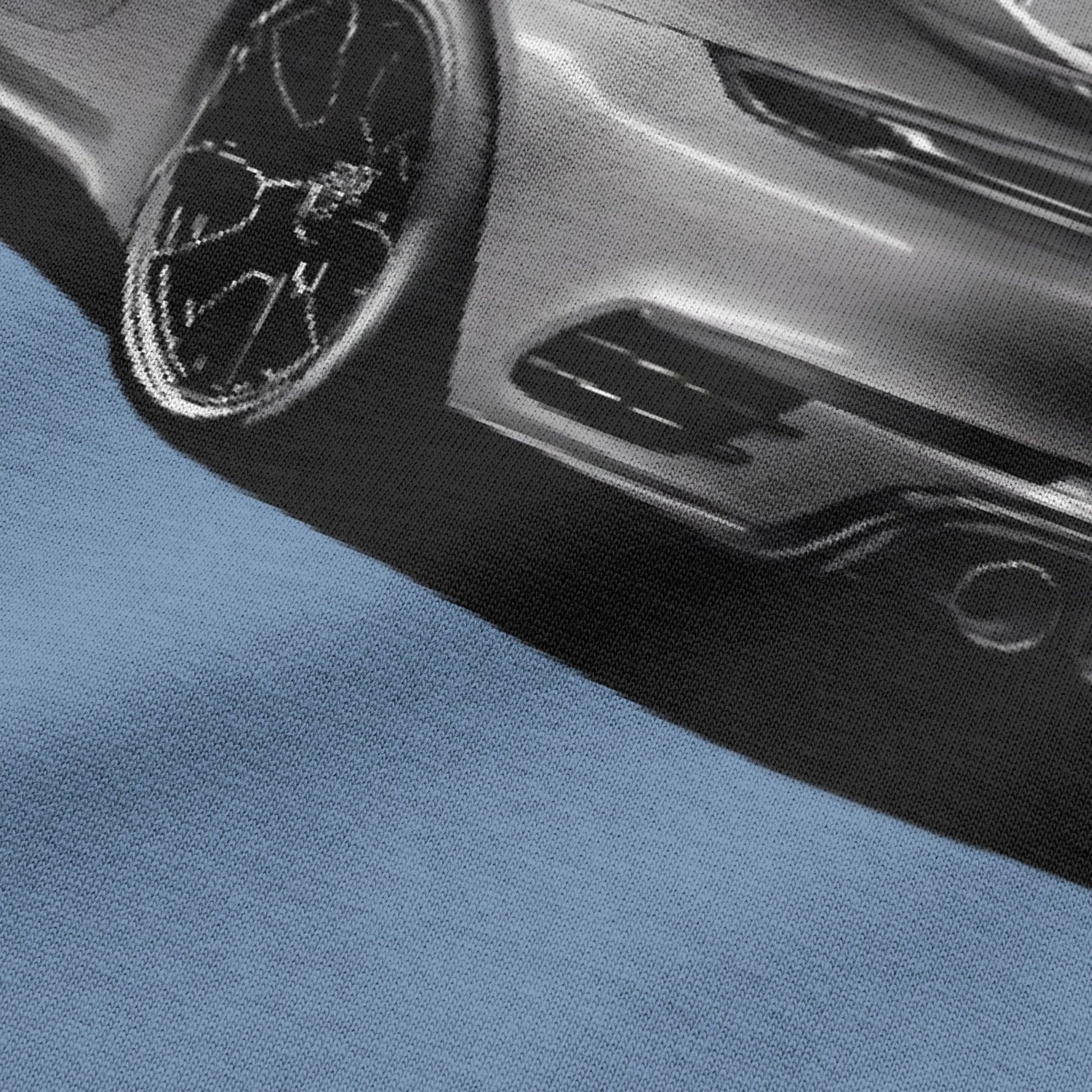 Close-up view of car graphic on urban melange oversized t-shirt by BLAACK