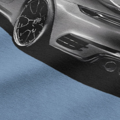 Close-up view of car graphic on urban melange oversized t-shirt by BLAACK