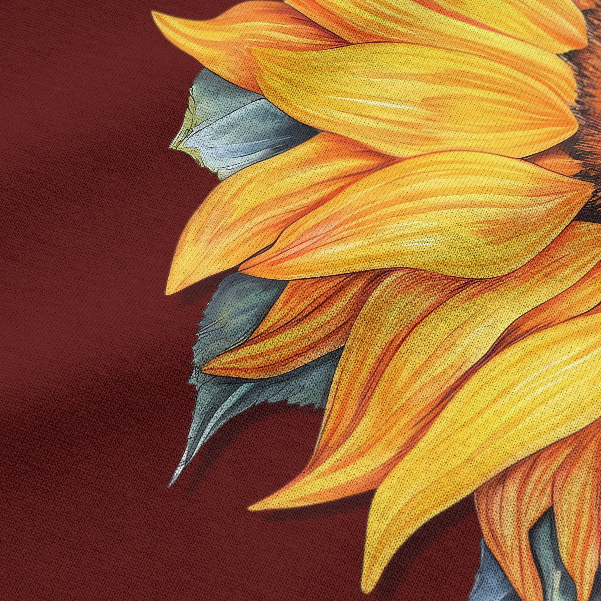 Close-up of sunflower graphic print on wine oversized t-shirt by BLAACK