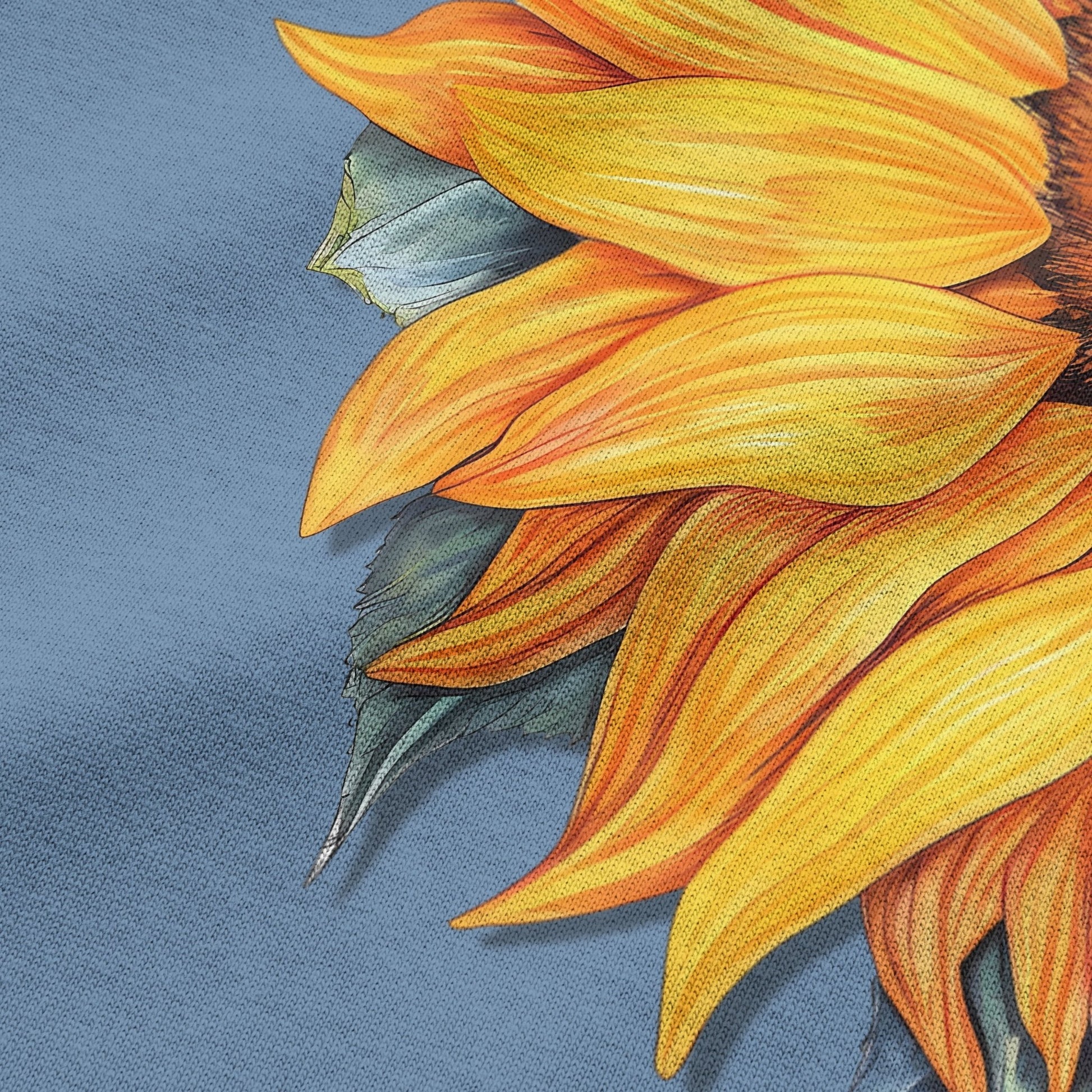 Close-up of sunflower graphic print on urban melange oversized t-shirt by BLAACK