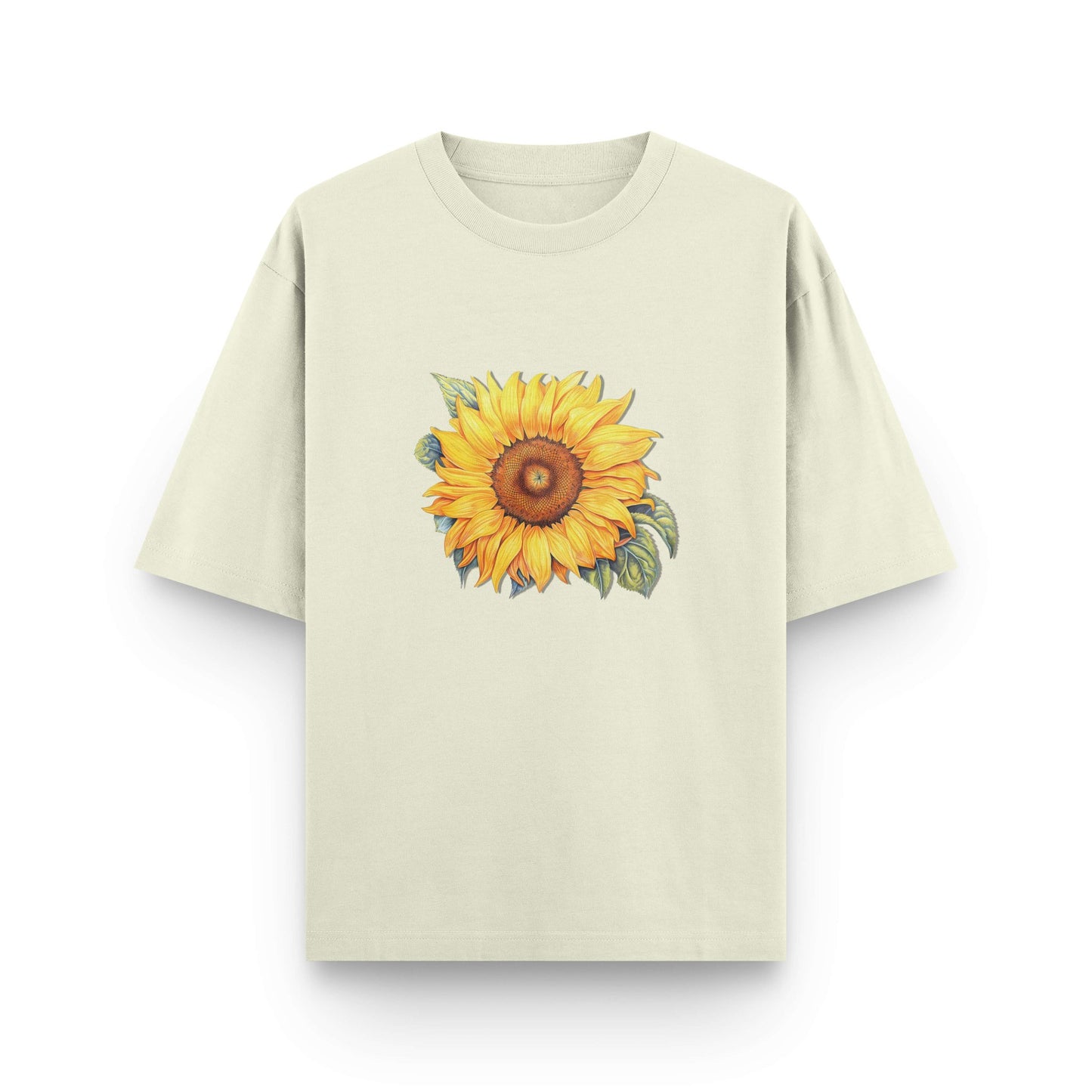 Oversized beige streetwear t-shirt with sunflower graphic on front by BLAACK
