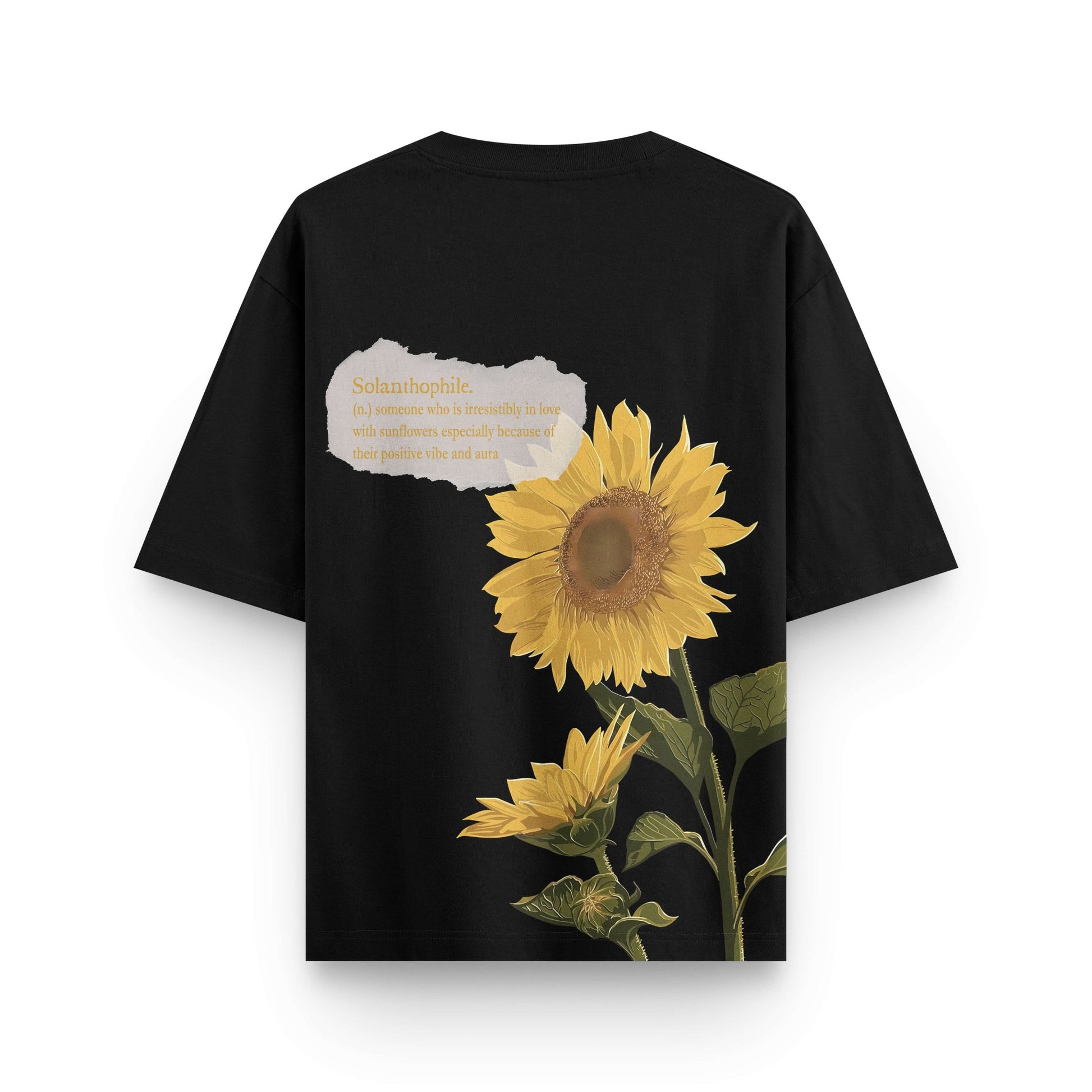 Oversized black streetwear t-shirt with sunflower graphic and quote text on back by BLAACK