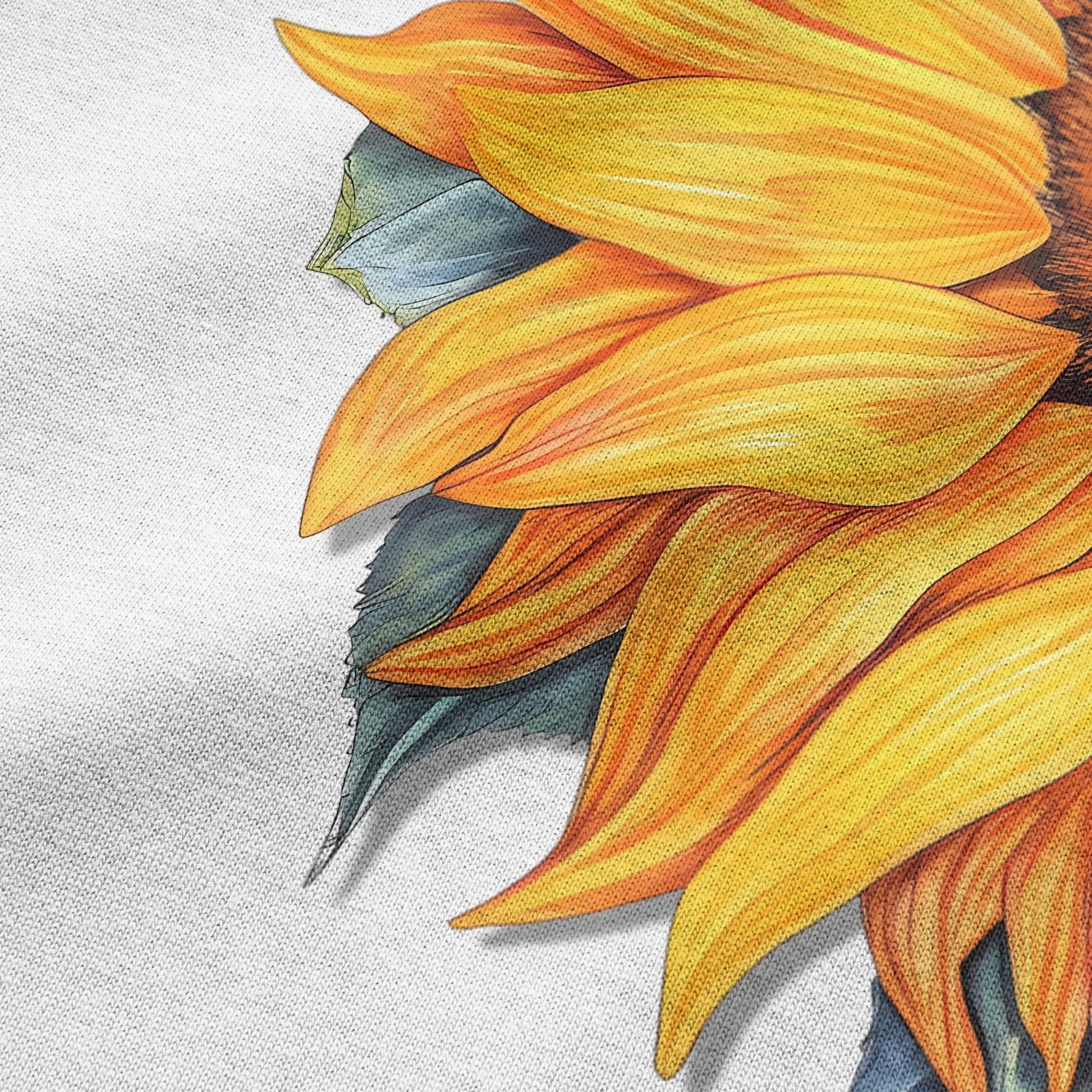 Close-up of sunflower graphic print on white oversized t-shirt by BLAACK