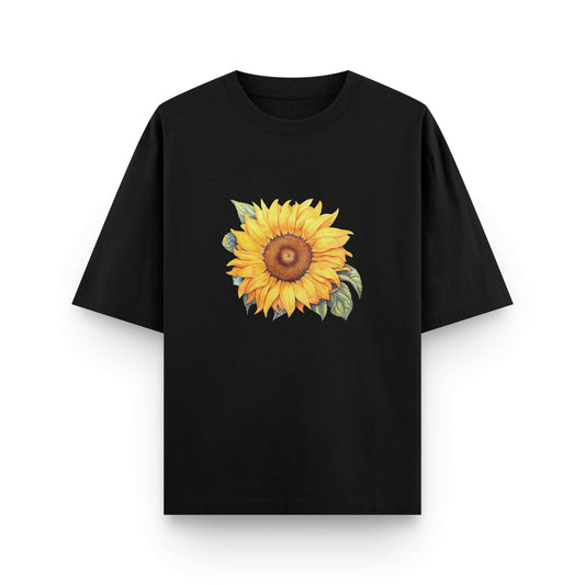 Oversized black streetwear t-shirt with sunflower graphic on front by BLAACK