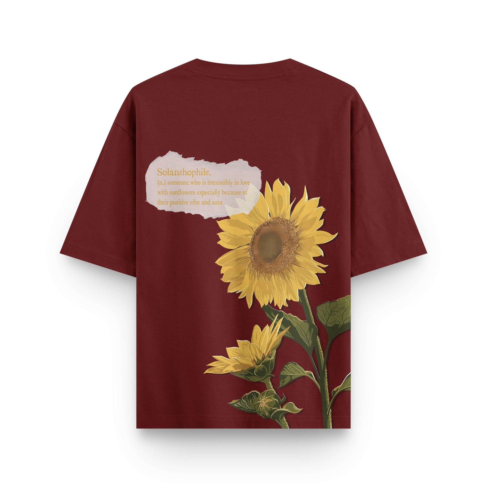 Oversized wine streetwear t-shirt with sunflower graphic and quote text on back by BLAACK