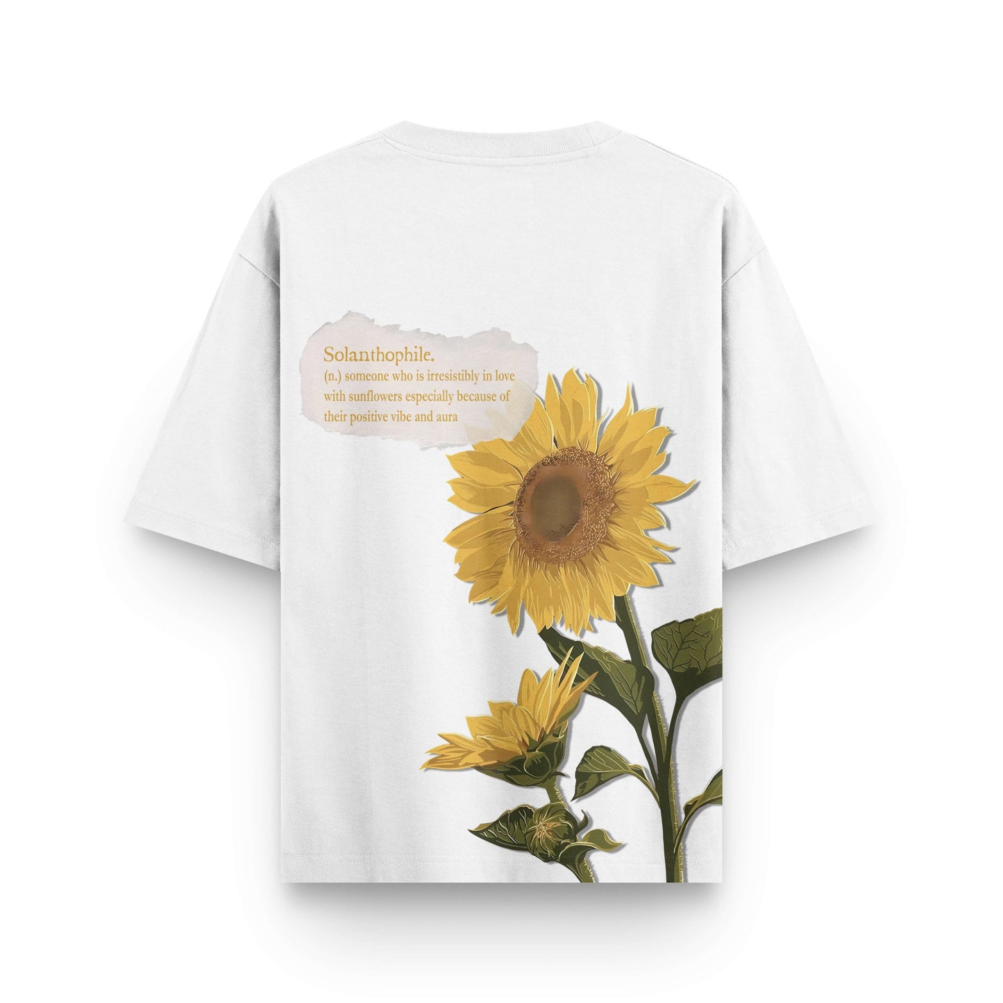 Oversized white streetwear t-shirt with sunflower graphic and quote text on back by BLAACK