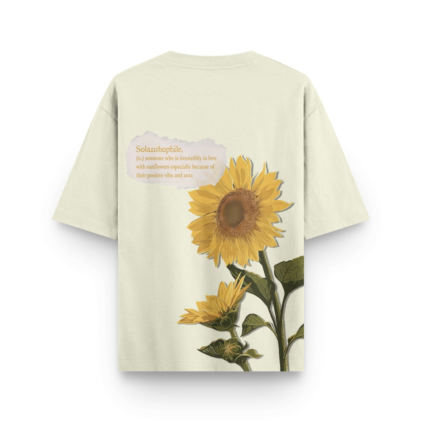 Oversized beige streetwear t-shirt with sunflower graphic and quote text on back by BLAACK