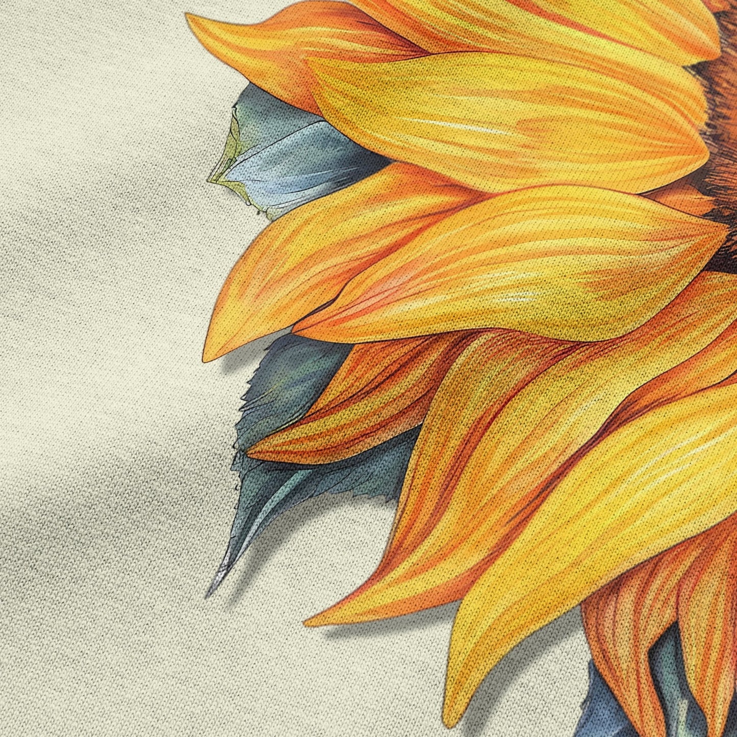 Close-up of sunflower graphic print on beige oversized t-shirt by BLAACK